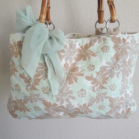 EUC Mint Green Floral Purse with Bamboo Handles - Picture 1 of 11
